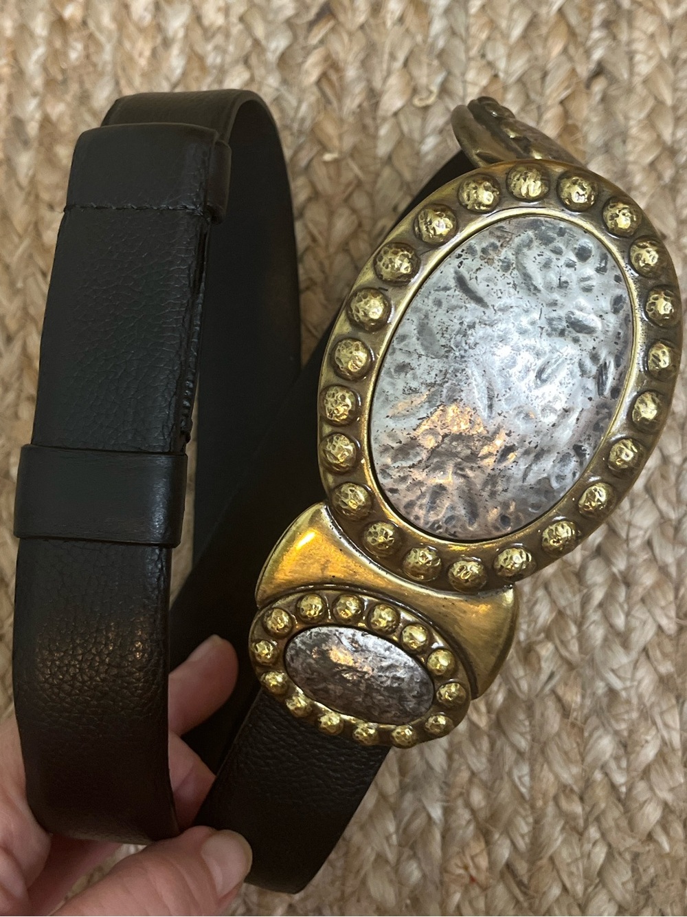 S/M Chico's Vintage Black Leather Gold Silver Medallion Buckle Adjustable